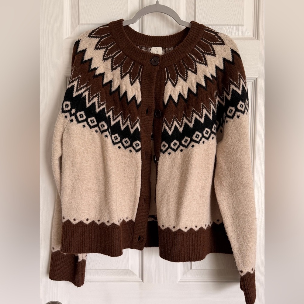 Joie Fair Isle oversized Cardigan Sweater Beige/Brown large